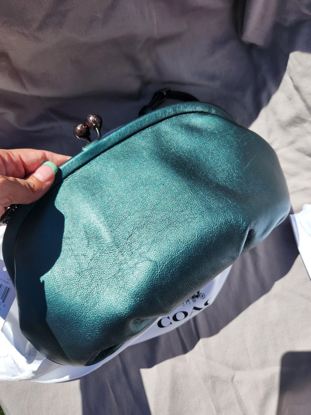 Coach Teal Metallic Leather Kiss-Lock Clutch - Picture 12 of 16